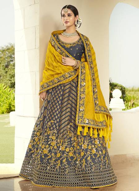 Gray And Yellow Colour Exclusive Wedding Wear Heavy Embroidery Work Latest Lehenga Choli Collection 4209